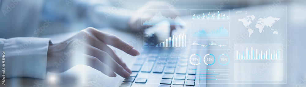 Poster interactive data analytics and performance metrics visualization on a modern digital tablet.