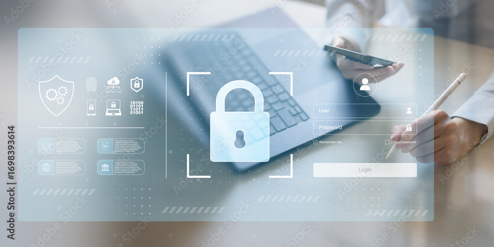 Aufkleber secure login and cybersecurity authentication interface technology concept.