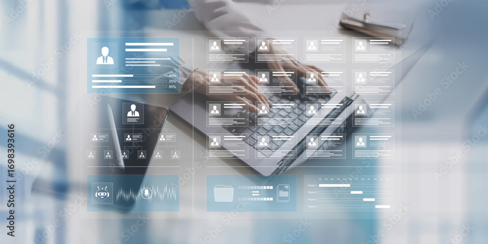 Aufkleber digital human resources management and organizational structure displayed on a virtual interface.