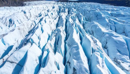Aerial View Of Glacier Crevasses: Turquoise And White Ice Grid