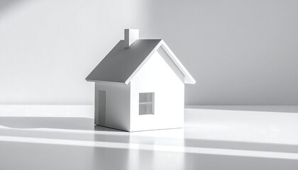 Simple white house model, casting soft shadows on a clean, bright surface
