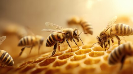 Honeybees gather on a honeycomb, working together in warm golden light to create and store honey inside their hive