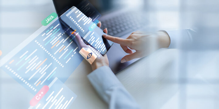 Software Development and Programming Languages Displayed on a Virtual Coding Interface.