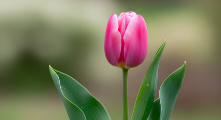 Naklejka premium Single Pink Tulip in Soft Focus — Elegant Spring Tulip Portrait with Gentle Bokeh Background for Botanical Prints, Greeting Cards and Garden Photography