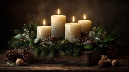 Illuminating Serenity: A captivating display of glowing candles casts a warm, inviting glow, amidst a lush arrangement of natural elements, evoking tranquility and the spirit of the season.