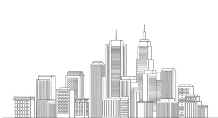Fototapeta premium Cityscape Line Drawing A Modern Urban Landscape Depicting Skyscrapers and Buildings in Silhouette