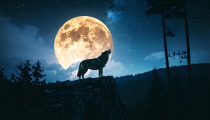 A wolf howls at a large moon over a dark forest