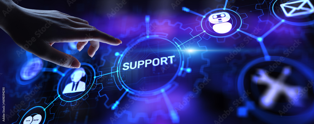 Poster support button on virtual screen. customer service and communication concept.