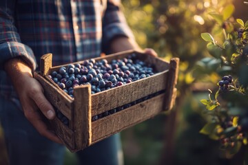 A person holds a wooden crate filled with freshly picked blueberries in a sunlit garden or orchard