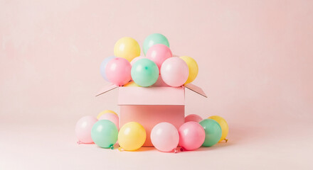 Pastel balloons overflowing from a pink box against a pink background, symbolizing celebration, joy, and surprise, ideal for party or gift concepts