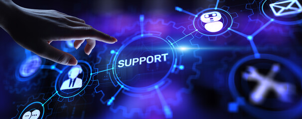 Support button on virtual screen. Customer service and communication concept.