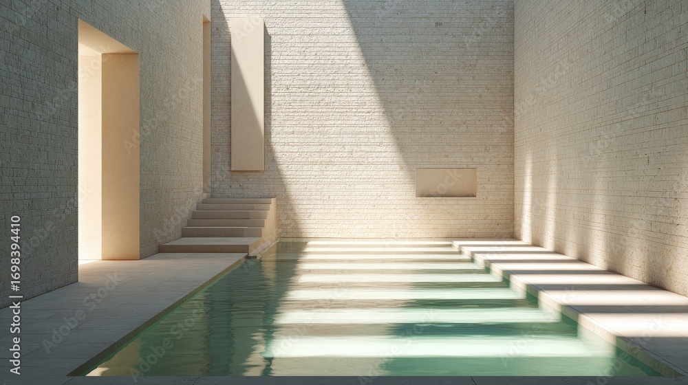 Aufkleber minimalist indoor pool with sunlight creating geometric patterns on walls and water.