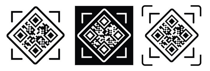 Fototapeta premium Minimalist QR code scanner icon set featuring three black and white variations with scan frames and mobile scanning concept. Clean flat vector symbols for apps, payment, barcode, technology, and UI de
