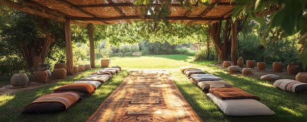 A serene Reiki workshop held under a natural canopy, promoting calmness and healing in a tranquil outdoor setting.