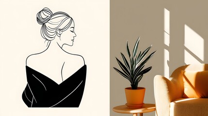 Elegant Silhouette of a Woman Emphasizing Minimalist Interior Design with Sunlight Shadows
