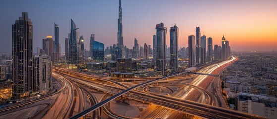 A stunning cityscape at dusk featuring illuminated skyscrapers, modern highways, and vibrant urban lights in a bustling metropolitan area