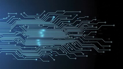 Futuristic glowing blue circuit board schematic representing digital data transfer, connectivity, and technological innovation on a dark grid background. - Powered by Adobe