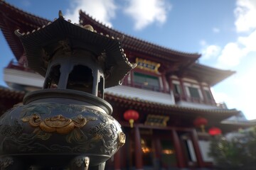 Fototapeta premium A traditional Asian temple with ornate architecture and a decorative lantern in the foreground, under a bright blue sky with scattered clouds
