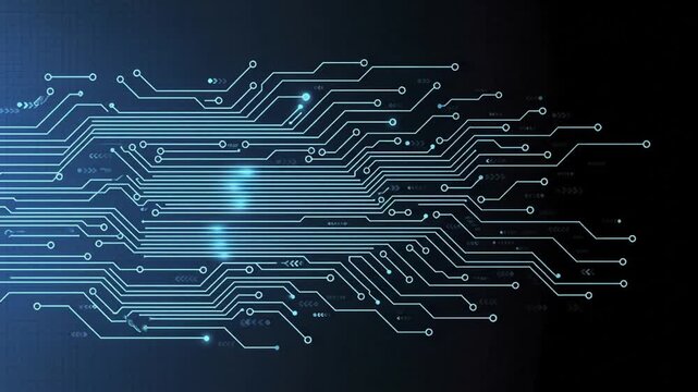 Futuristic glowing blue circuit board schematic representing digital data transfer, connectivity, and technological innovation on a dark grid background.