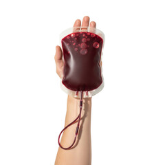 Humanitarian action arm offering bag filled with life saving fluid support needs isolated