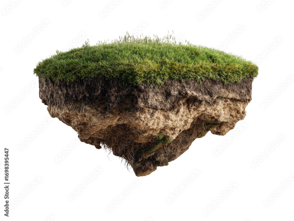 Poster floating island section showcasing soil layers and lush grass, isolated with a transparent field,