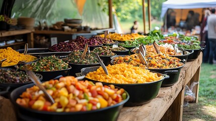 Obraz premium Join a vibrant plant-based cooking class at a festival tent, where creativity meets healthy eating and delicious flavors come alive.