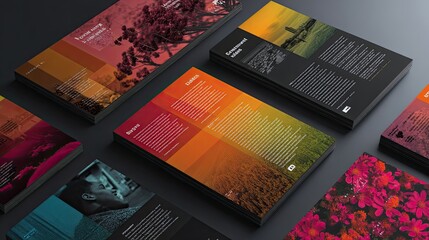 Catalog or brochure design uses vibrant colors and clear layout divisions.