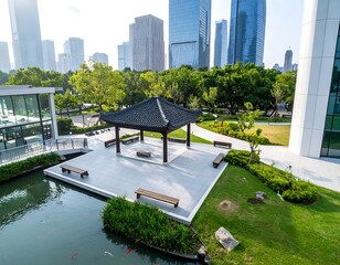 Urban park with gazebo amidst modern buildings