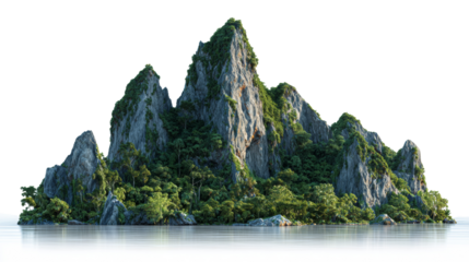 Majestic island with lush vegetation, rock formations, and translucent water reflection on an