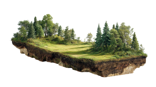 Floating landscape island with lush greenery and exposed earth layers on isolated backdrop