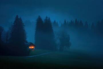 Fototapeta premium A cozy cabin with glowing windows stands alone in a misty, dark forest, surrounded by towering trees and illuminated by soft blue twilight