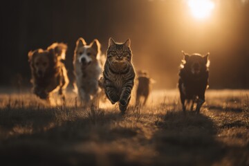 A tabby cat leads a group of dogs running together through a sunlit field at sunset, creating a playful and dynamic scene
