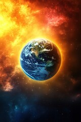 Obraz premium The entire Earth, floating in the vastness of space, is surrounded by a cosmic backdrop, with bright, colorful details. Above the Earth, yellow rays of light stretch straight into the Universe.