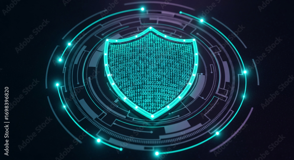 Poster digital shield icon composed of binary code, encircled by glowing circuit lines, symbolizing cyberse