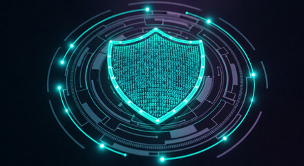 Digital shield icon composed of binary code, encircled by glowing circuit lines, symbolizing cybersecurity and data protection