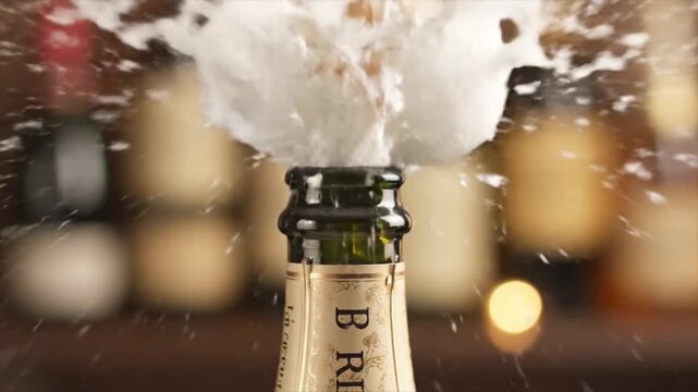 Celebration moment captured in motion with a champagne bottle popping open and foam spraying outward, perfect for festive designs.