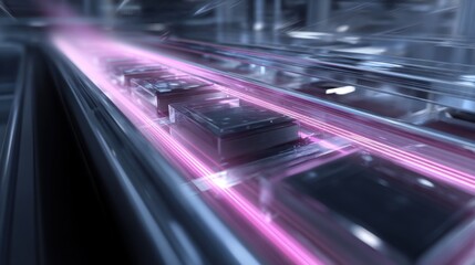 A shadowy perspective of a product traveling through an Xray conveyor with glowing beams illuminating hidden features juxtaposed with the soft glow of a hyperspectral camera capturing