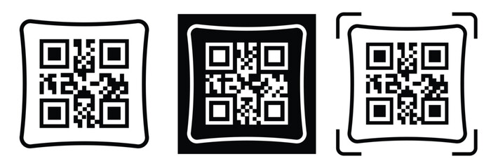 Fototapeta premium Minimalist QR code scanner icon set featuring three black and white variations with scan frames and mobile scanning concept. Clean flat vector symbols for apps, payment, barcode, technology, and UI de