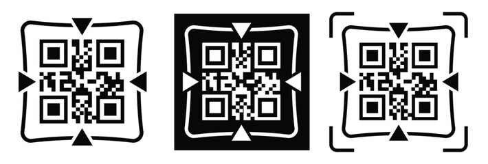 Fototapeta premium Minimalist QR code scanner icon set featuring three black and white variations with scan frames and mobile scanning concept. Clean flat vector symbols for apps, payment, barcode, technology, and UI de