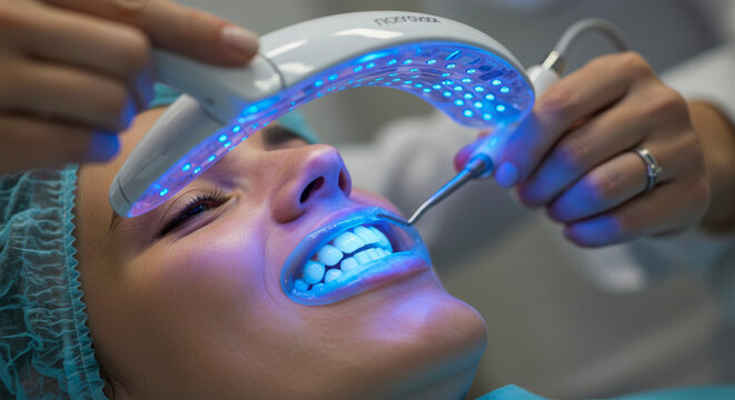 A woman is undergoing a teeth whitening procedure with a blue light, ensuring a brighter and more confident smile at the dental clinic