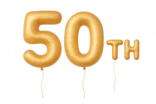 3d rendering of gold foil balloons forming the number 50th, perfect for celebrating a fiftieth anniversary or birthday