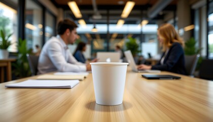 The Coffee Break: A solitary paper cup stands proudly atop a polished wooden table, a symbol of respite amidst a flurry of activity, in a modern office setting. 