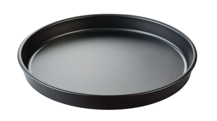 Round empty black non stick tray isolated on transparent background