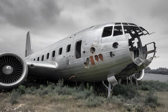 The Remains of a Majestic Aircraft: A Derelict Airplane in a Field, Showing the Scars of Time and Potential Disaster - Powered by Adobe