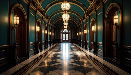 Art Deco Hallway with Green Walls and Gold Accents