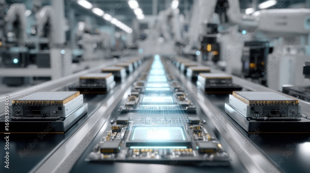 Poster a series of compact micromodules lined up on a production assembly line showcasing their sleek desig