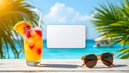 Tropical Escape: Refreshing cocktail and sunglasses sit invitingly on a wooden table, with the backdrop of a beautiful beach, conveying a sense of relaxation and summer bliss. 