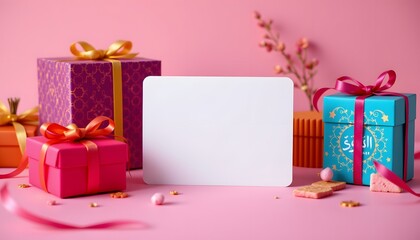 Gift Boxes and Card: A colorful assortment of wrapped gifts and a blank card are artfully arranged against a soft, blush pink backdrop, creating a sense of anticipation and celebration. 