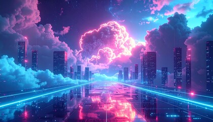 Neon city road under a vibrant night sky