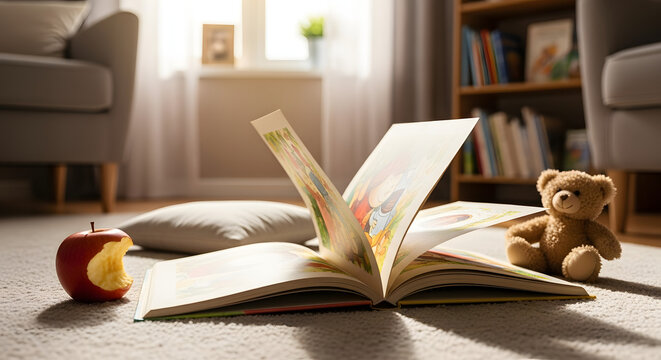 Open storybook on a rug with a teddy bear and half-eaten apple in a cozy living room setting
